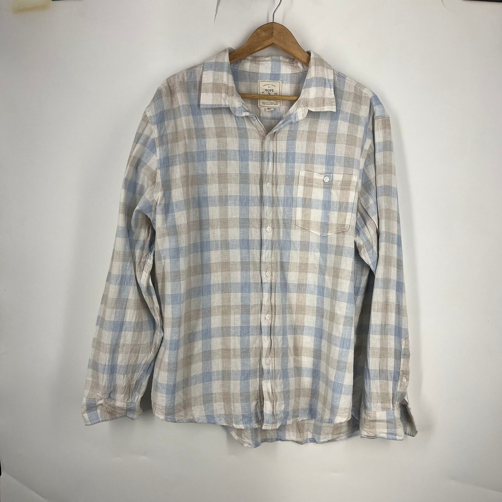 Hope & Henry Mens XL‎ Blue Tan Plaid Long Sleeve Button Down Shirt Pocket